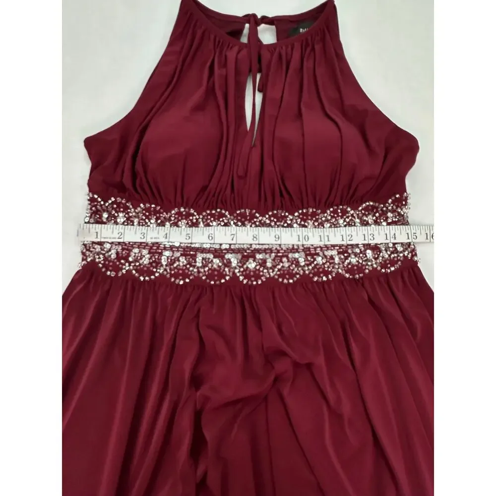 R&M Richards Wine Beaded Halter Evening Gown Keyhole Neck Maxi Dress Size 8 - Picture 14 of 15